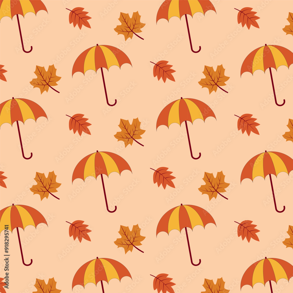 Seamless autumn pattern.Repeat pattern with umbrellas and leaves.Graphic vector illustration.