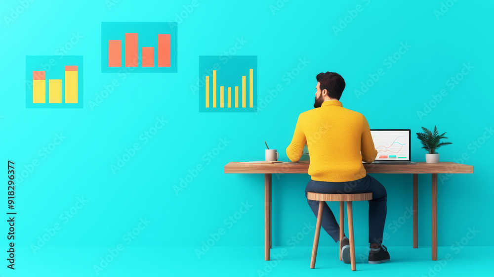 Marketer analyzing customer data with floating charts, 3D illustration Marketer analyzing customer data with floating charts, 3D illustration
