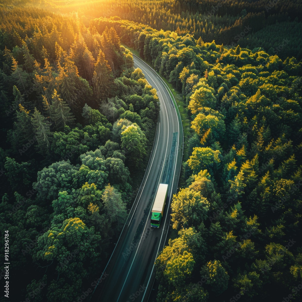 Fototapeta premium Aerial View of a Truck Driving on a Winding Road Through a Lush Forest