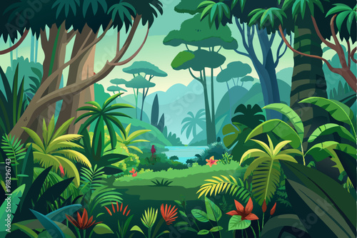 Lush Green Jungle with a River and Red Flowers