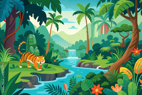 A Tiger Stalking by a River in a Lush Jungle