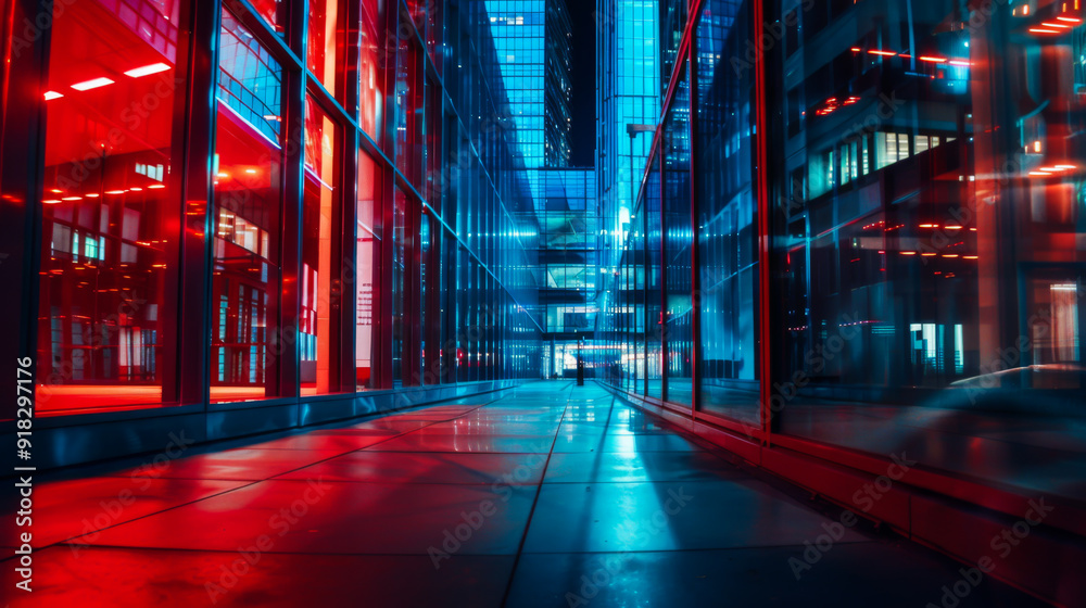 Fototapeta premium Bright neon lighting in a narrow corridor between glass buildings. Blue and red neon light outdoors. Style and interior concept.