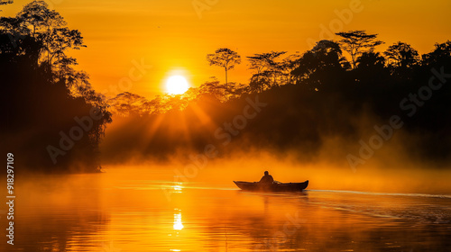 Amazon rainforest sunrise, A boat navigating the Tambopata river during sunrise in the Amazon rainforest in Peru