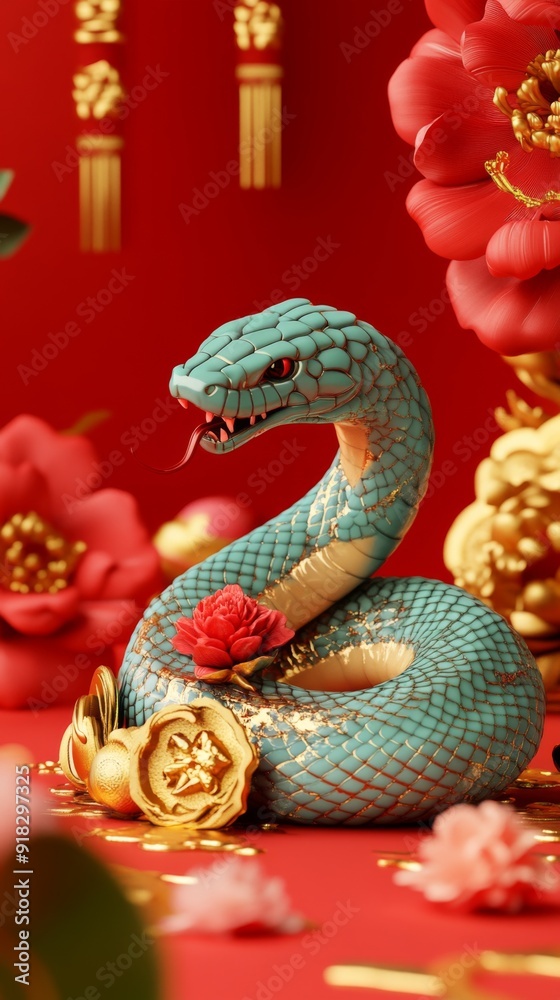 Obraz premium Chinese Zodiac Snake in 3D Illustration Embraced by Floral and Chinese Style Elements, a Minimalist Design in Gold Foil Style with Red Gradient for a Clean Background and Festive Chinese New Year Vibe