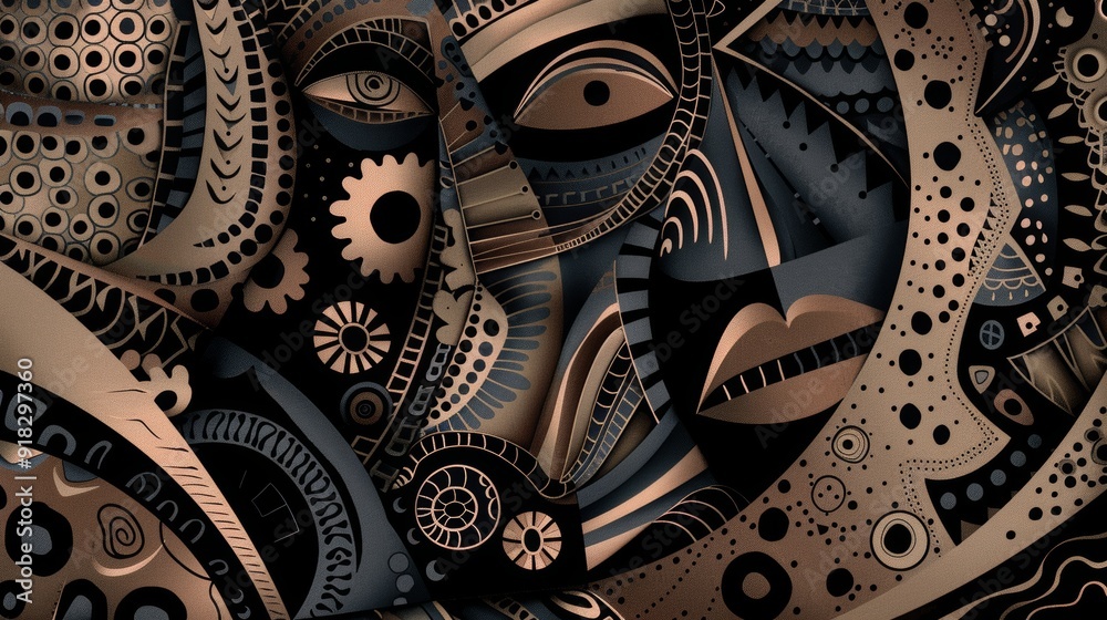 Fototapeta premium Abstract geometric artwork featuring intricate patterns and a blend of dark and metallic colors