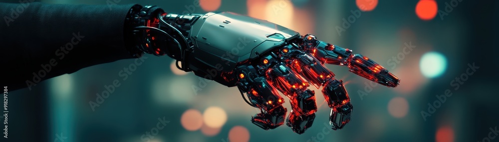 Close-up of a cybernetic arm with glowing red circuits in a futuristic setting, symbolizing advanced technology and innovative engineering. Close-up of a cybernetic arm with glowing red circuits in a futuristic setting, symbolizing advanced technology and innovative engineering.