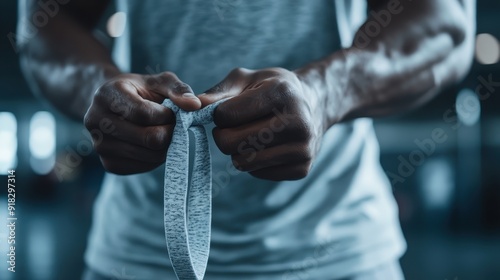 An image showing the strong hands of an athlete gripping a cloth band, capturing the determination and focus involved in a workout or athletic preparation, emphasizing dedication.