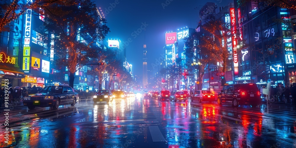 Naklejka premium Rainy Night in Tokyo's Neon-Lit Cityscape