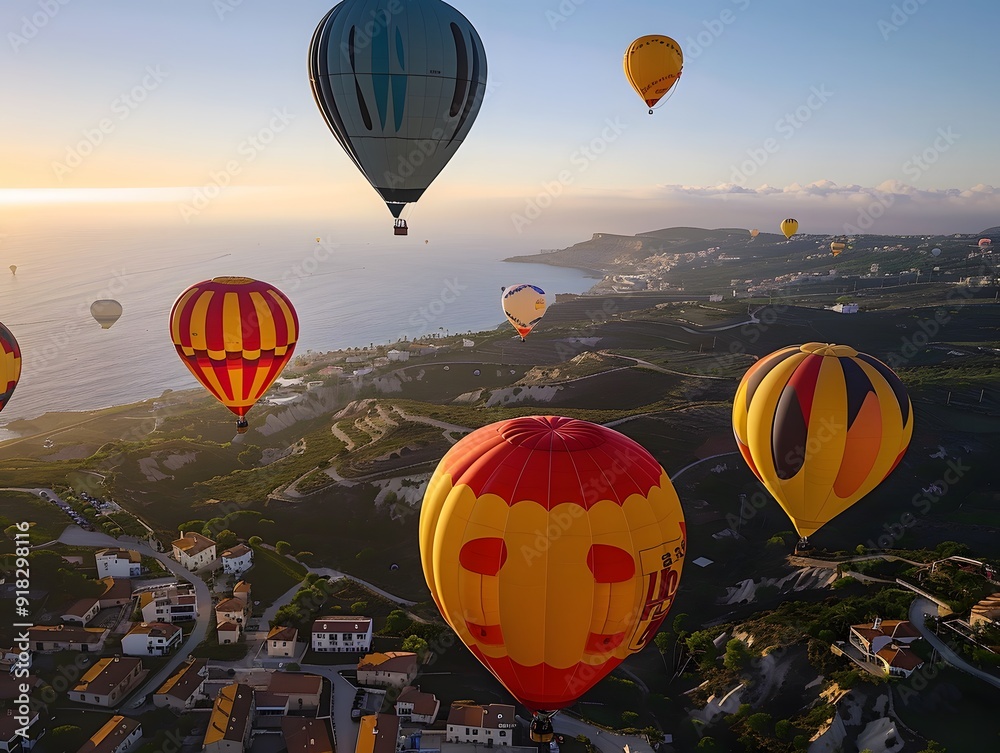 Obraz premium Hot Air Balloon Flight Over Coastal Landscape