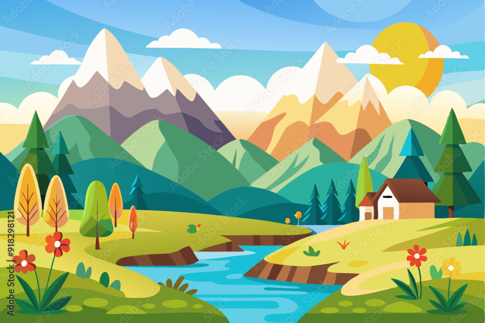 A Sunny Day in a Mountain Valley with a Winding River and a Small Cabin A Sunny Day in a Mountain Valley with a Winding River and a Small Cabin