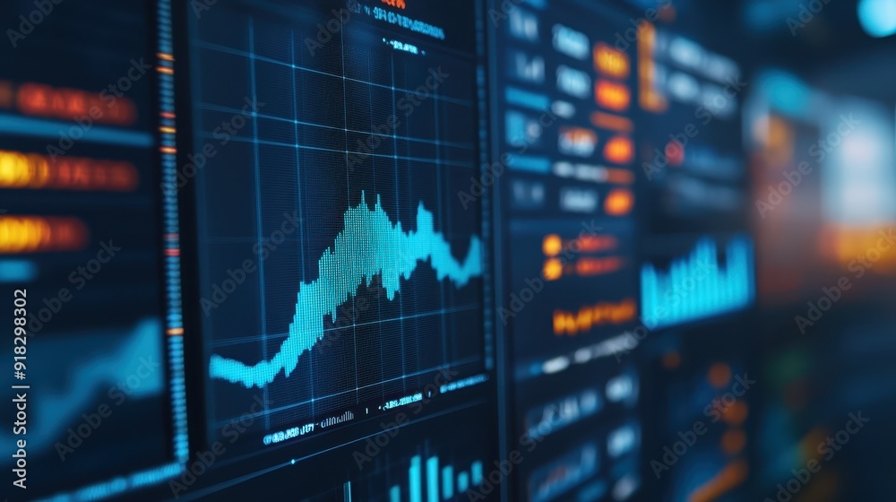 Close-up view of financial data on a screen showing charts, graphs, and numbers, representing stock market and finance analysis.