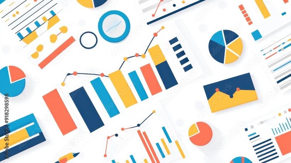 Colorful data visualization with various charts and graphs on white background, depicting analysis, growth, and statistics. Colorful data visualization with various charts and graphs on white background, depicting analysis, growth, and statistics.