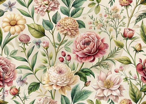 Delicate, hyper-realistic vintage botanical illustrations of flowers and leaves in soft, muted hues form a seamless repeating pattern on a gentle, creamy background.