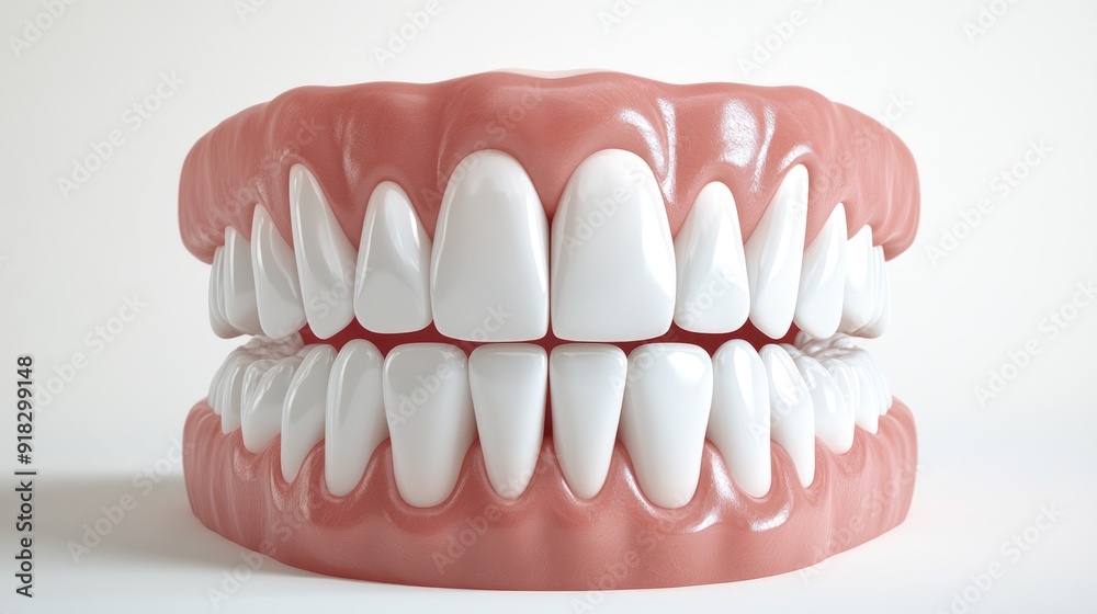 An artistic 3D representation of a full set of teeth in a wide smile, positioned in a minimalistic, white setting. The focus is on the perfect alignment and bright appearance of the teeth, An artistic 3D representation of a full set of teeth in a wide smile, positioned in a minimalistic, white setting. The focus is on the perfect alignment and bright appearance of the teeth,