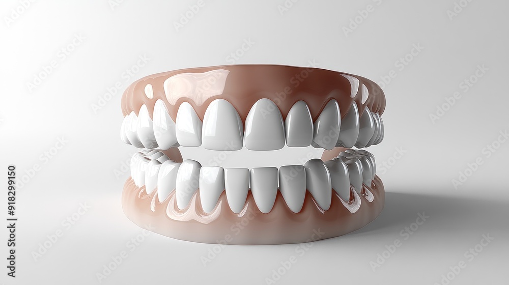 Obraz premium An artistic 3D representation of a full set of teeth in a wide smile, positioned in a minimalistic, white setting. The focus is on the perfect alignment and bright appearance of the teeth,