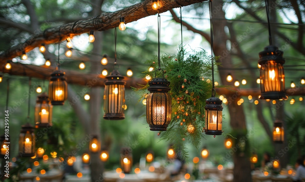 woodland-inspired wedding backdrop, tall trees with hanging lanterns and fairy lights creating a magical forest atmosphere woodland-inspired wedding backdrop, tall trees with hanging lanterns and fairy lights creating a magical forest atmosphere