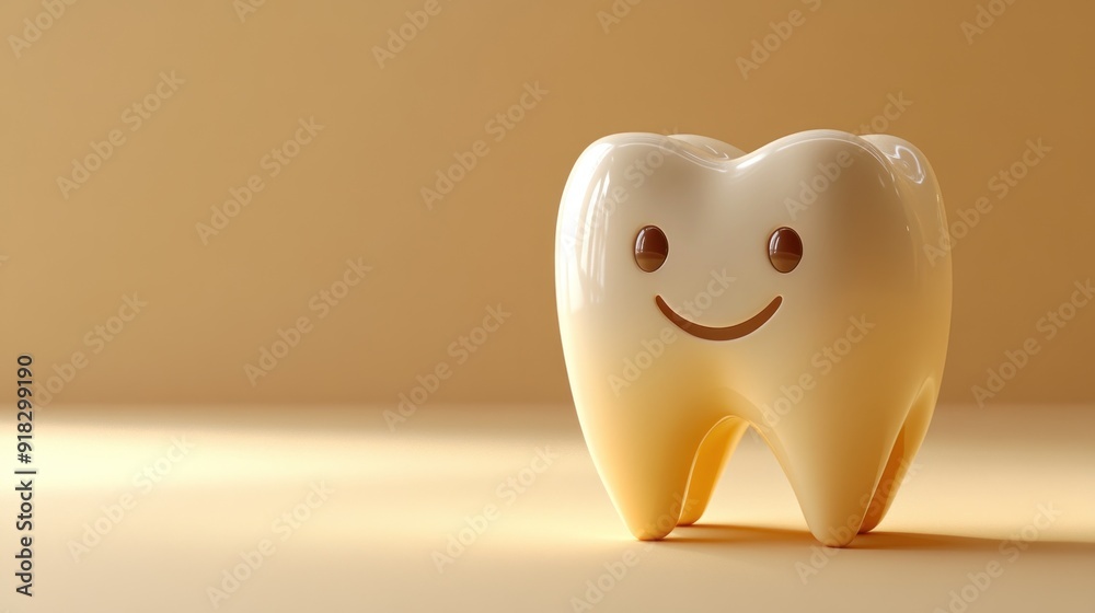A bright 3D tooth set within a broad, happy smile, positioned against a soft, neutral background. The design focuses on the tooth clean, smooth appearance, perfect for promoting dental health and A bright 3D tooth set within a broad, happy smile, positioned against a soft, neutral background. The design focuses on the tooth clean, smooth appearance, perfect for promoting dental health and