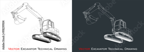 Excavator vector line drawing