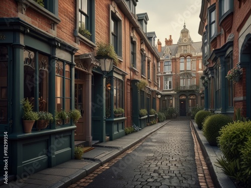 Art artistic depiction of a small tranquil Victorian street. Each facade with intricate details stories of a bygone era. AI generated.