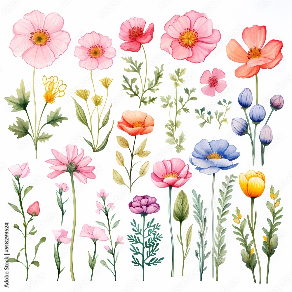 Beautifully detailed watercolor flowers in a range of colors and styles showcasing botanical elegance. Beautifully detailed watercolor flowers in a range of colors and styles showcasing botanical elegance.