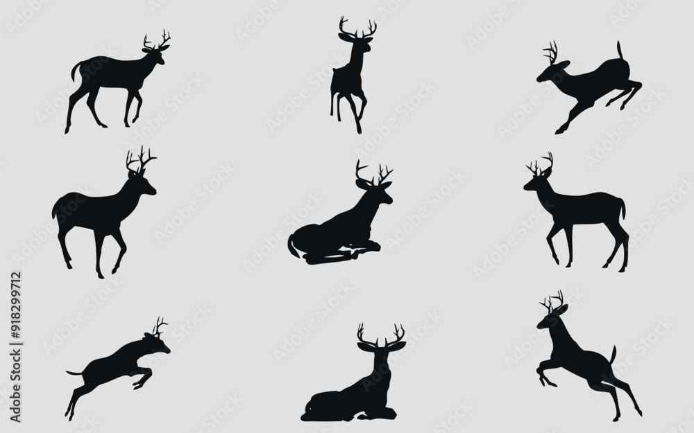 Fototapeta premium Black silhouettes of deer with antlers. 9 pieces. Vector on a gray background