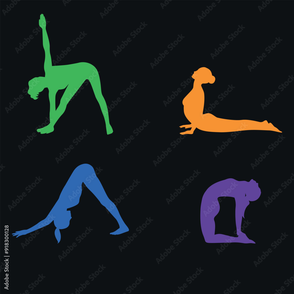 Yoga poses. 4 pieces. Vector. Black silhouettes on gray background Yoga poses. 4 pieces. Vector. Black silhouettes on gray background