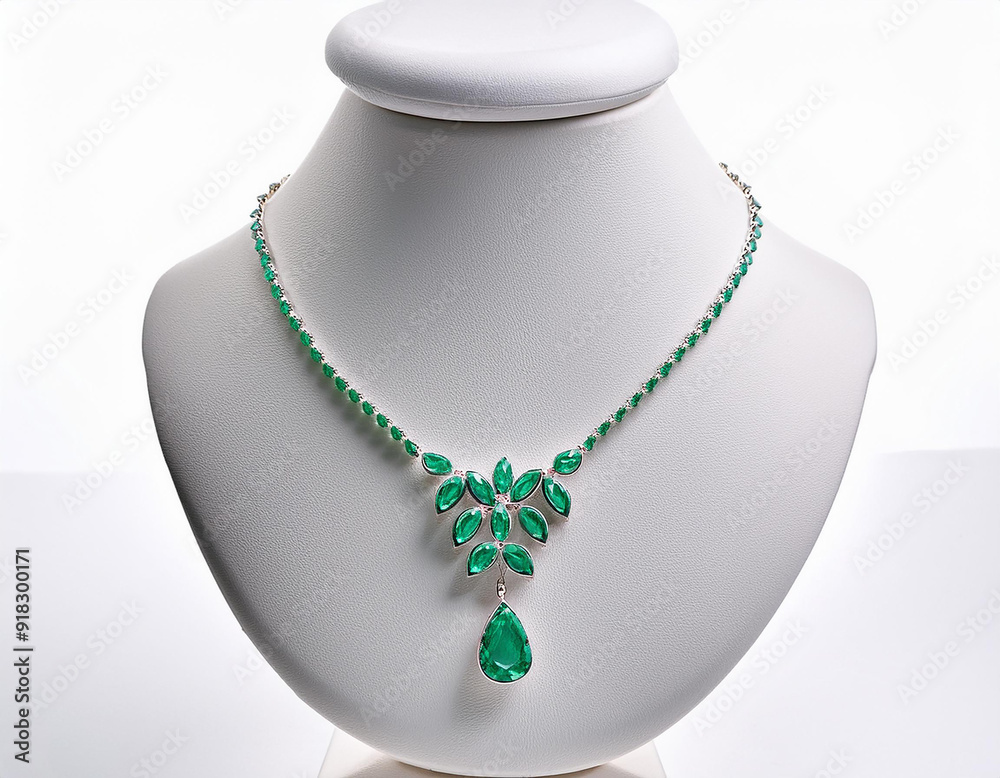 Exquisite emerald necklace with diamond embellishments is displayed on a white bust pedestal, showcasing its exquisite craftsmanship and design. Exquisite emerald necklace with diamond embellishments is displayed on a white bust pedestal, showcasing its exquisite craftsmanship and design.