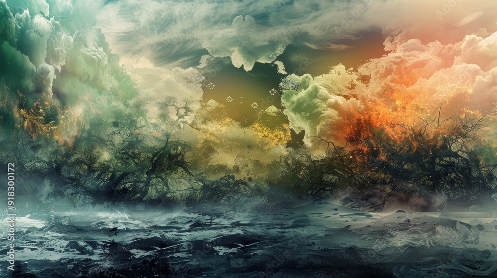 Dramatic sky and ocean landscape at sunset near a coastal region with vibrant clouds and waves Dramatic sky and ocean landscape at sunset near a coastal region with vibrant clouds and waves