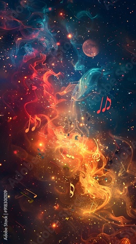 Cosmic Musical Explosion with Glowing Notes and Celestial Bodies