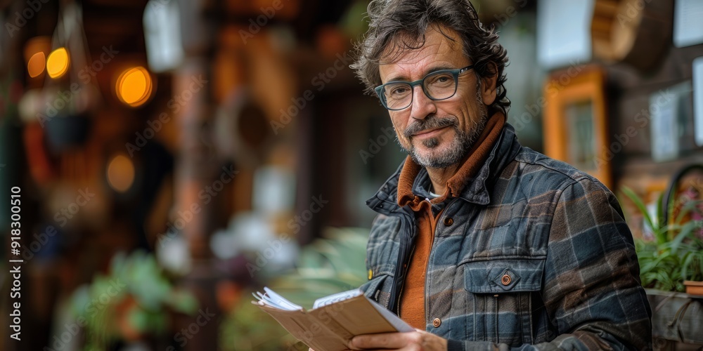 Man in Flannel Shirt Holding a Notebook Outside a Store