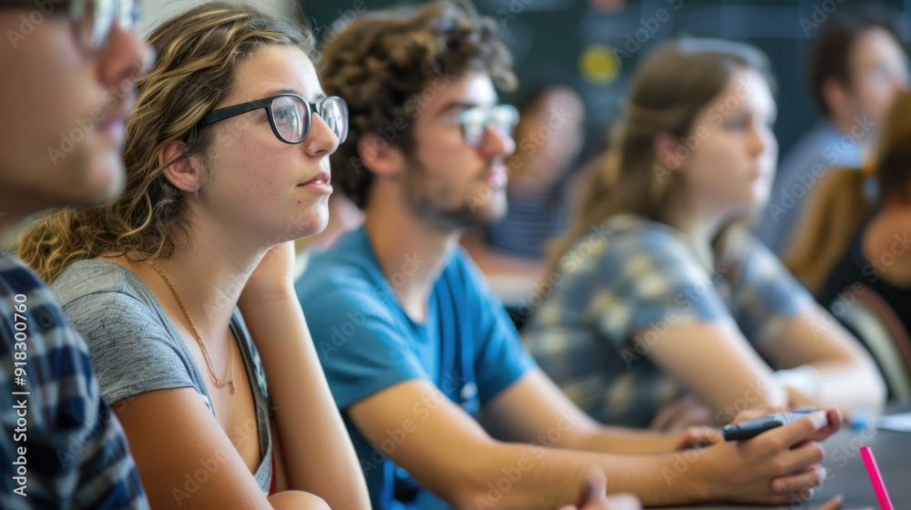 University class with students engaged in a lively discussion. University class with students engaged in a lively discussion.