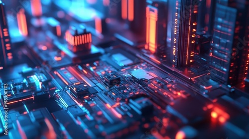Futuristic technology circuit board with glowing lights in red and blue. Abstract digital city concept.