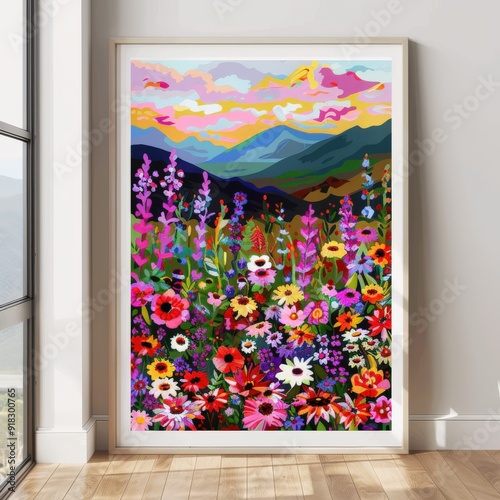 A vibrant floral landscape painting with colorful flowers and mountains in the background.