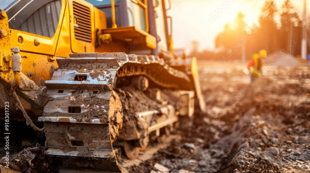 Fototapeta premium Heavy construction machinery on a muddy construction site at sunset. Concept of Bulldozer, construction work, heavy equipment, industrial development, engineering