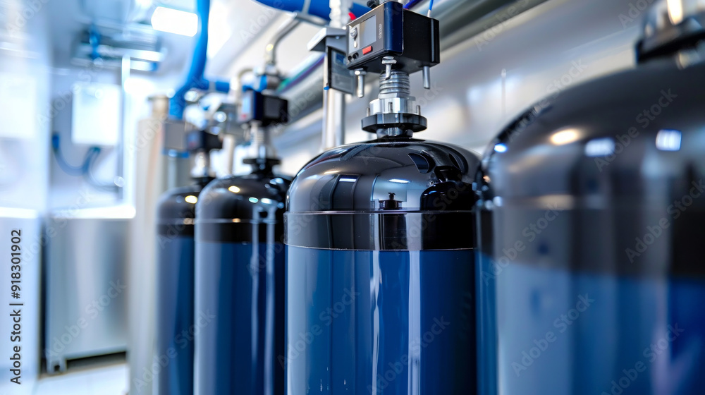 Industrial water filtration system with stainless steel tanks and gauges. Concept of water purification, filtration technology, clean water, industrial engineering Industrial water filtration system with stainless steel tanks and gauges. Concept of water purification, filtration technology, clean water, industrial engineering