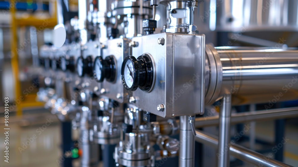 Close-up of a modern water filtration system with stainless steel components and pressure gauges. Concept of industrial filtration, water treatment, clean technology, and modern engineering Close-up of a modern water filtration system with stainless steel components and pressure gauges. Concept of industrial filtration, water treatment, clean technology, and modern engineering