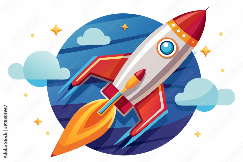 Cartoon Rocket Launching into Space with Stars and Clouds Cartoon Rocket Launching into Space with Stars and Clouds