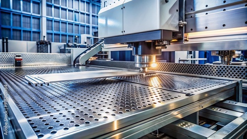 High-tech automated machine precisely punches intricate patterns onto metal sheets with consistent accuracy, showcasing industrial precision in a sleek, modern manufacturing setting.
