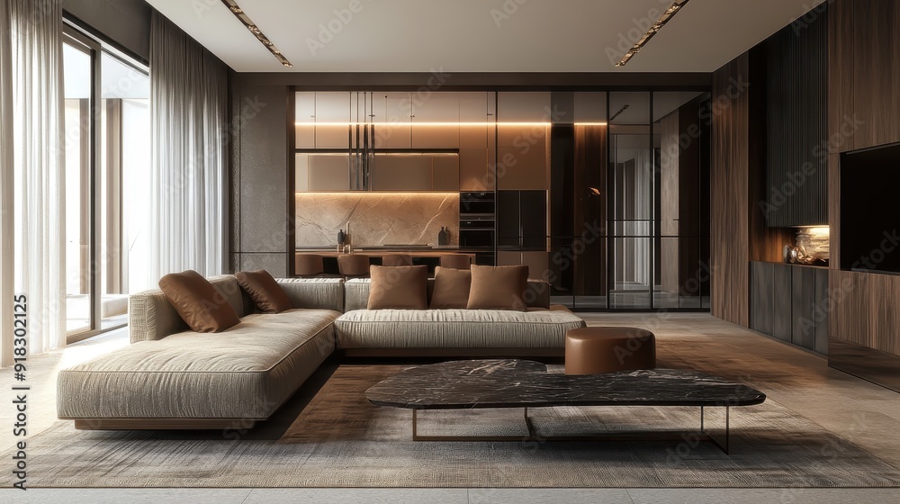 Fototapeta premium Modern luxurious living room with cozy sectional sofa, stylish decor and integrated kitchen in open concept design with warm lighting.