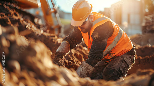 Construction Worker Digging on Site with Heavy Machinery in Background Concept of Laborer Man Working Excavation Safety Equipment Manual Work