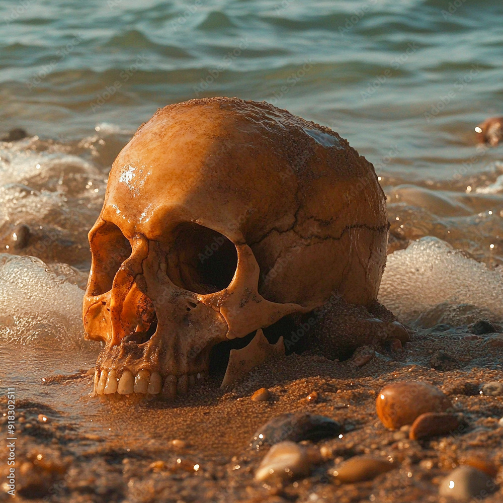 Skull on Beach at Sunset, Generative AI Skull on Beach at Sunset, Generative AI