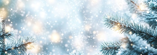 Snowy Pine Branches with Sparkling Lights and a Blurred Background