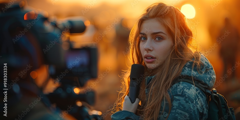 Fototapeta premium Female Reporter Interviewing During Golden Hour