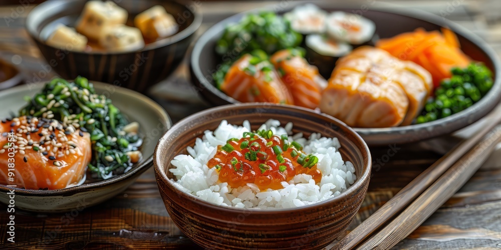 Salmon and Rice Dish with Ikura and Chopped Green Onion Salmon and Rice Dish with Ikura and Chopped Green Onion