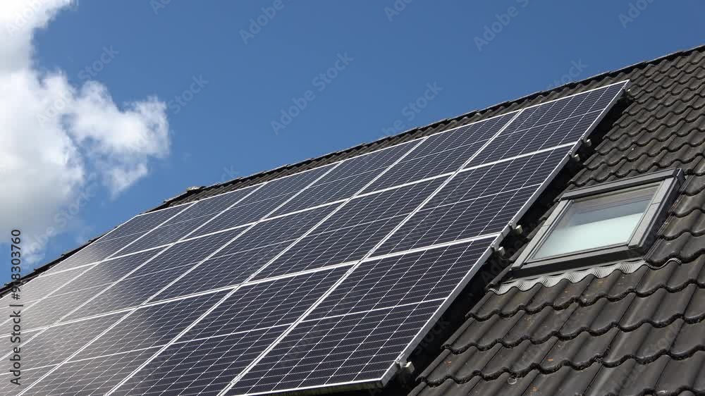 A panning shot of an electricity-producing solar system on the roof of a residential building in the sunshine. A panning shot of an electricity-producing solar system on the roof of a residential building in the sunshine.