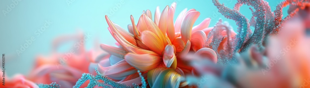 Vibrant macro shot of a colorful flower in full bloom, showcasing delicate petals and intricate details against a pastel background. Vibrant macro shot of a colorful flower in full bloom, showcasing delicate petals and intricate details against a pastel background.