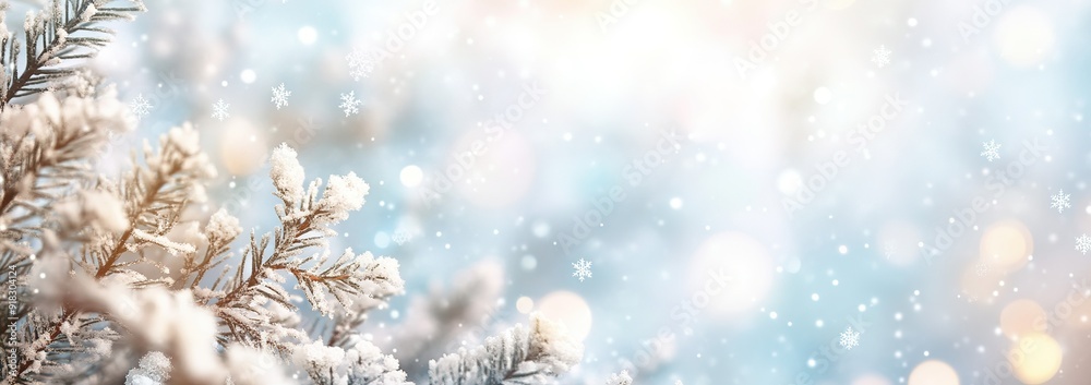 Snow-Covered Pine Branch with a Blurred Background of Falling Snowflakes Snow-Covered Pine Branch with a Blurred Background of Falling Snowflakes