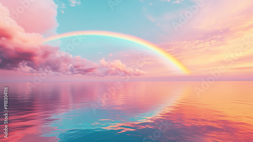 Rainbow sunset on blue pink sky yellow clouds skyline ,water sea reflection beautiful landscape summer nature, Rainbow at sunset on blue pink sky yellow clouds skyline