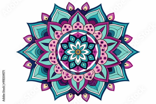 Colorful Mandala with Floral Motifs and Symmetrical Design