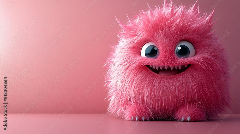 Fototapeta premium 3D pink fuzzy monster with big eyes and a big smile on pink background AI Generated